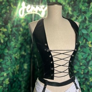 Black Lace-Up Faux Leather Top | Rave Festival Top